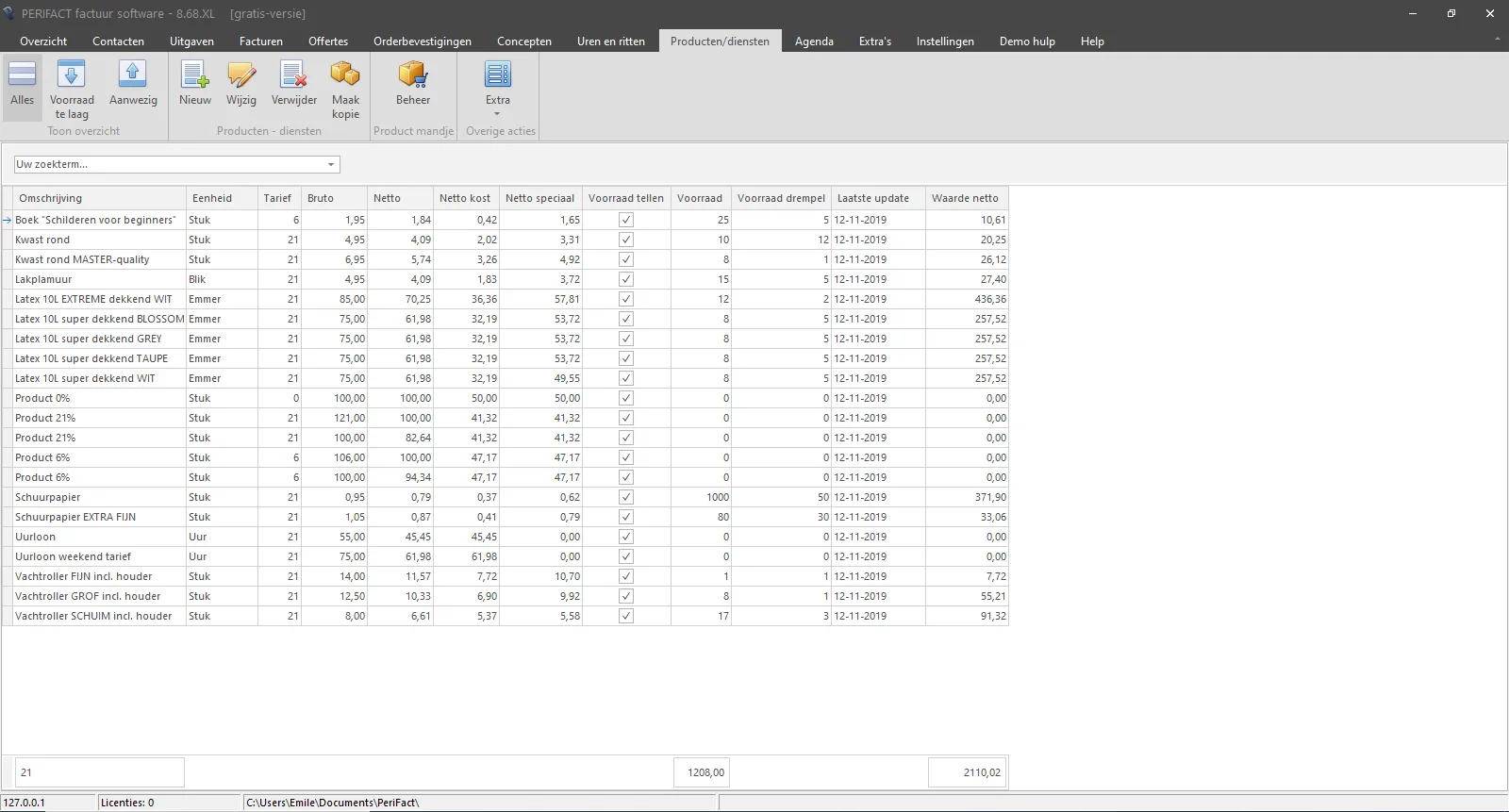 PERIFACT product en diensten overzicht scherm PERIFACT product en diensten overzicht scherm