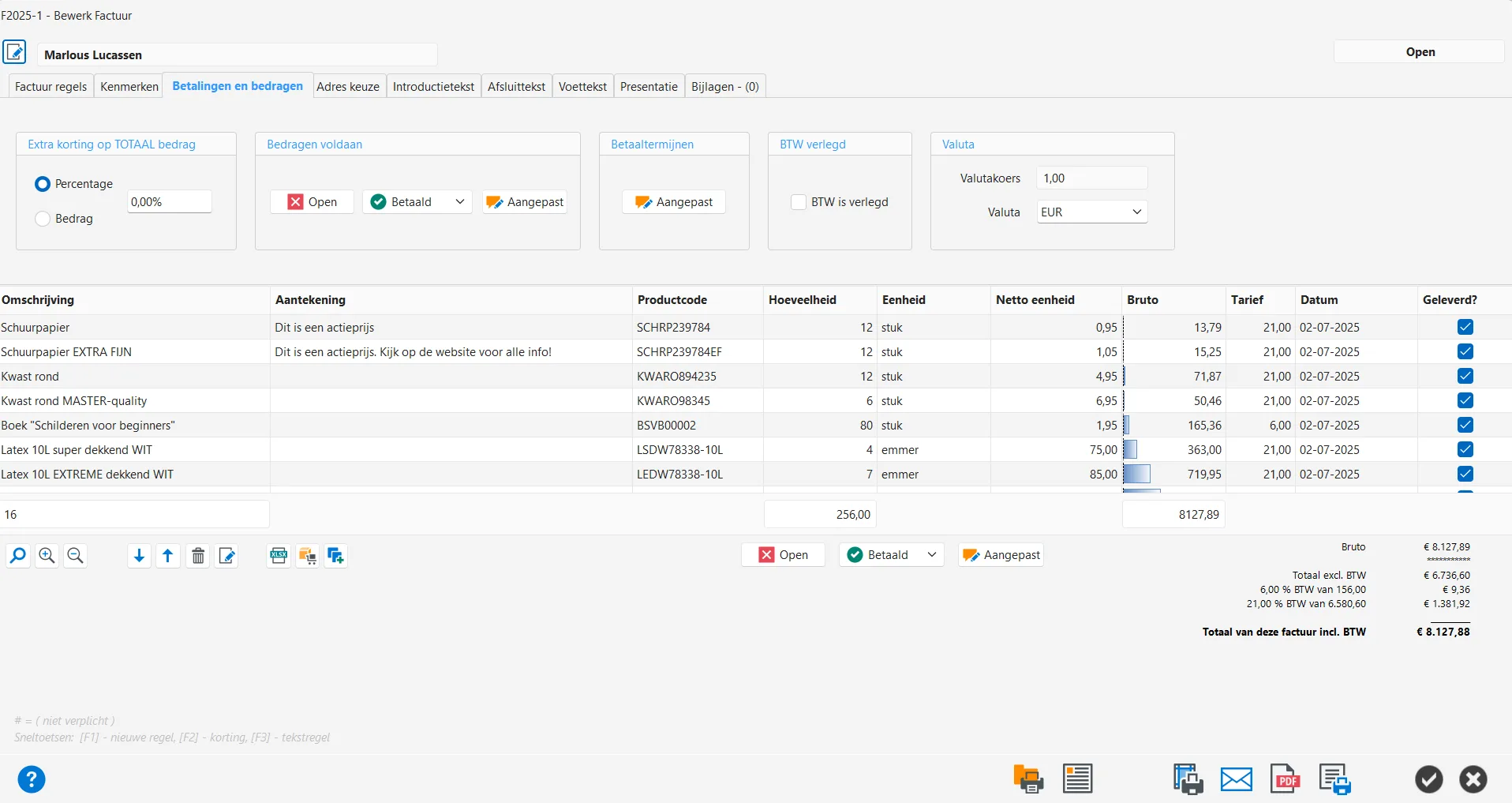 PERIFACT factuur software, factuur maken tabblad betalingen en bedragen PERIFACT factuur software, factuur maken tabblad betalingen en bedragen