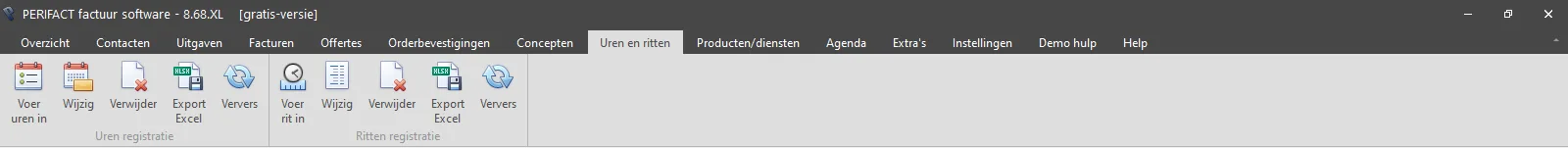 PERIFACT factuur software, menu onderdeel uren en ritten administratie PERIFACT factuur software, menu onderdeel uren en ritten administratie