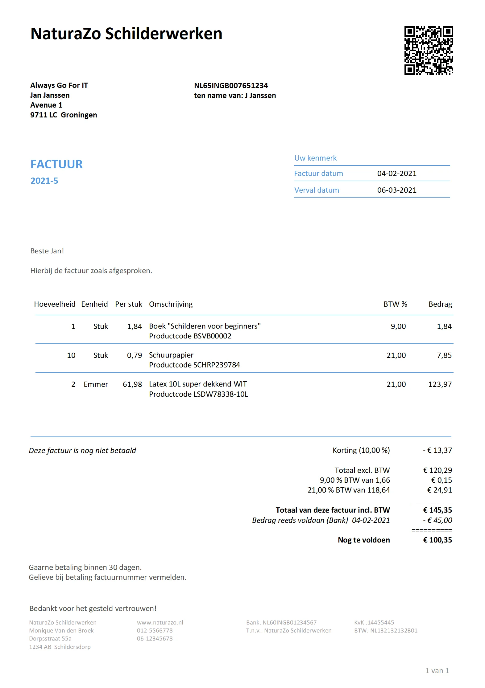 Opbouw van een factuur in PERIFACT Voorbeeldfactuur uit PERIFACT met bovenaan de bedrijfsnaam en een QR-code, daaronder het adres van de klant, het kenmerkblok met factuur- en vervaldatum, de introductietekst, de factuurregels, de samenvatting met korting, btw en het nog te voldoen bedrag, en onderaan de afsluittekst en de voettekst met de bedrijfsgegevens