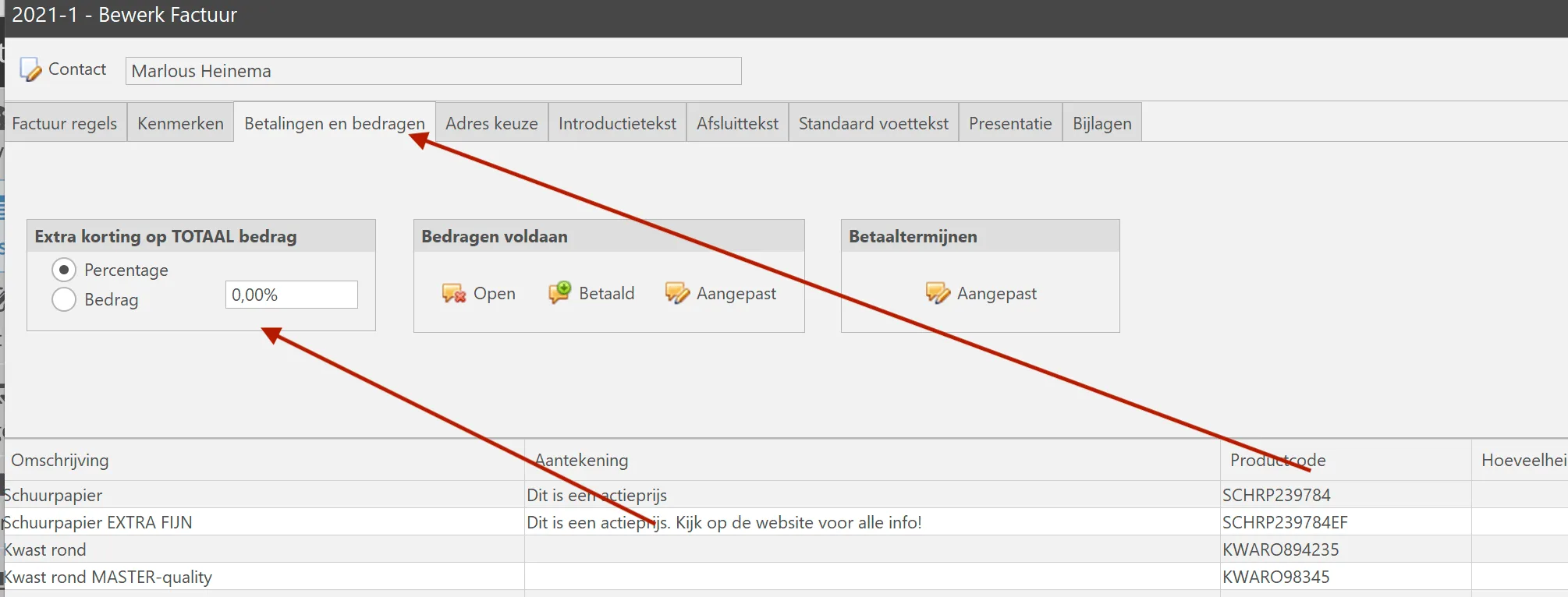 Korting op totaal bedrag ( percentage of bedrag )