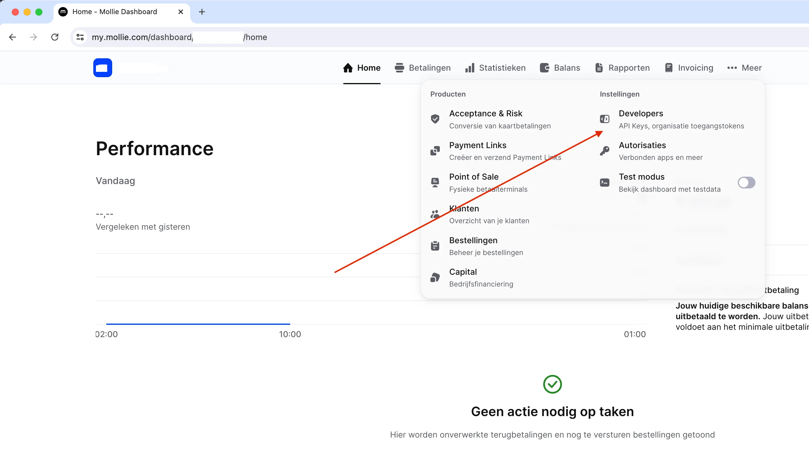 Mollie - kies via menu OVERIG de optie DEVELOPERS Mollie - kies via menu OVERIG de optie DEVELOPERS