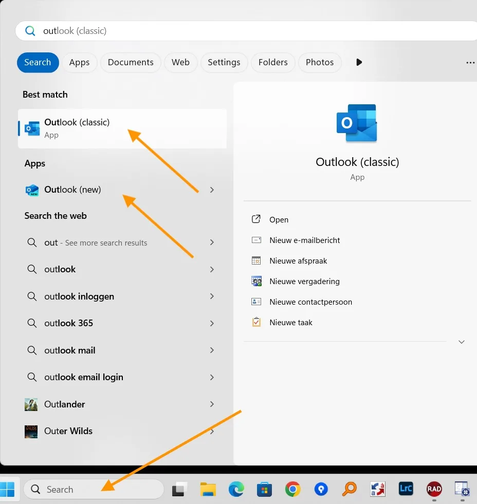 Outlook nieuw en klassiek in startmenu